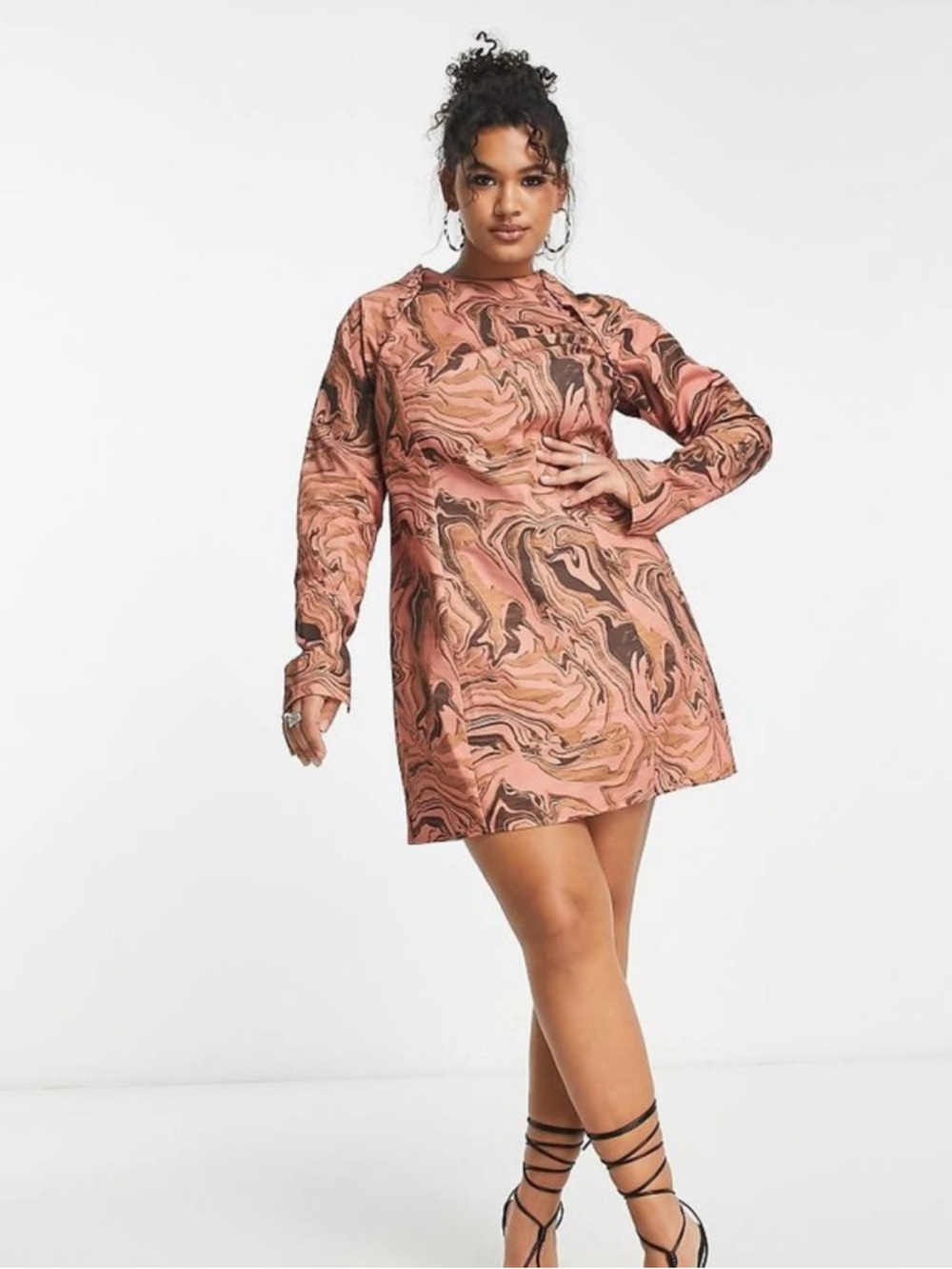 ASOS DESIGN Curve Cotton Puff Removable Sleeves Mini Dress Tan Swirl Print Sz 14